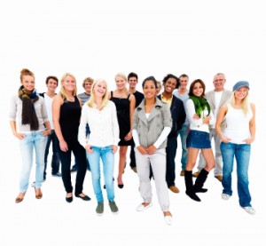 Group of smiling friends standing against white background
